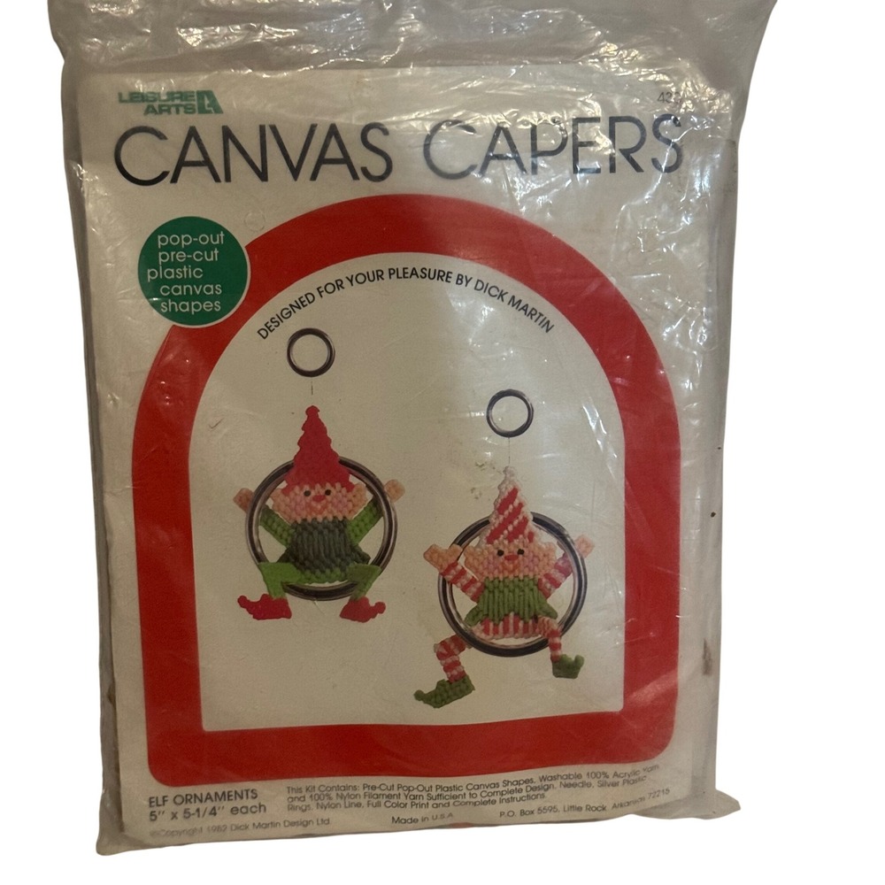 Vintage 1982 Leisure Arts Canvas Capers Elf Ornaments Plastic Canvas Kit 430